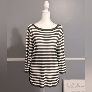 Chico's Long Sleeved Striped Sweater Olive Green & White Size Large